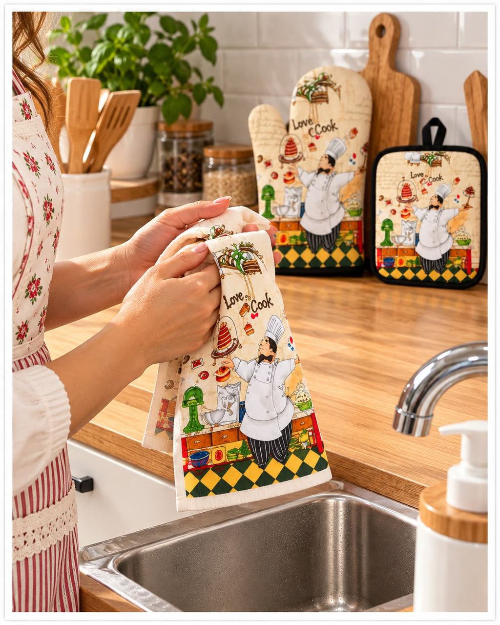 Matching kitchen towel oven mitt and pot holder in chef design