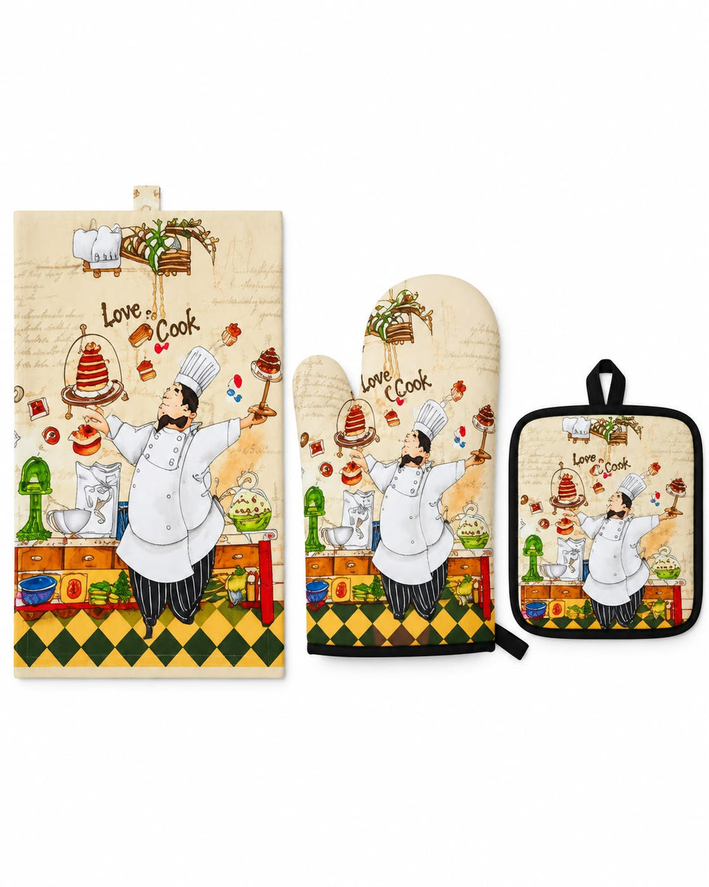 Matching kitchen towel oven mitt and pot holder in chef design