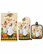 Matching kitchen towel oven mitt and pot holder in chef design
