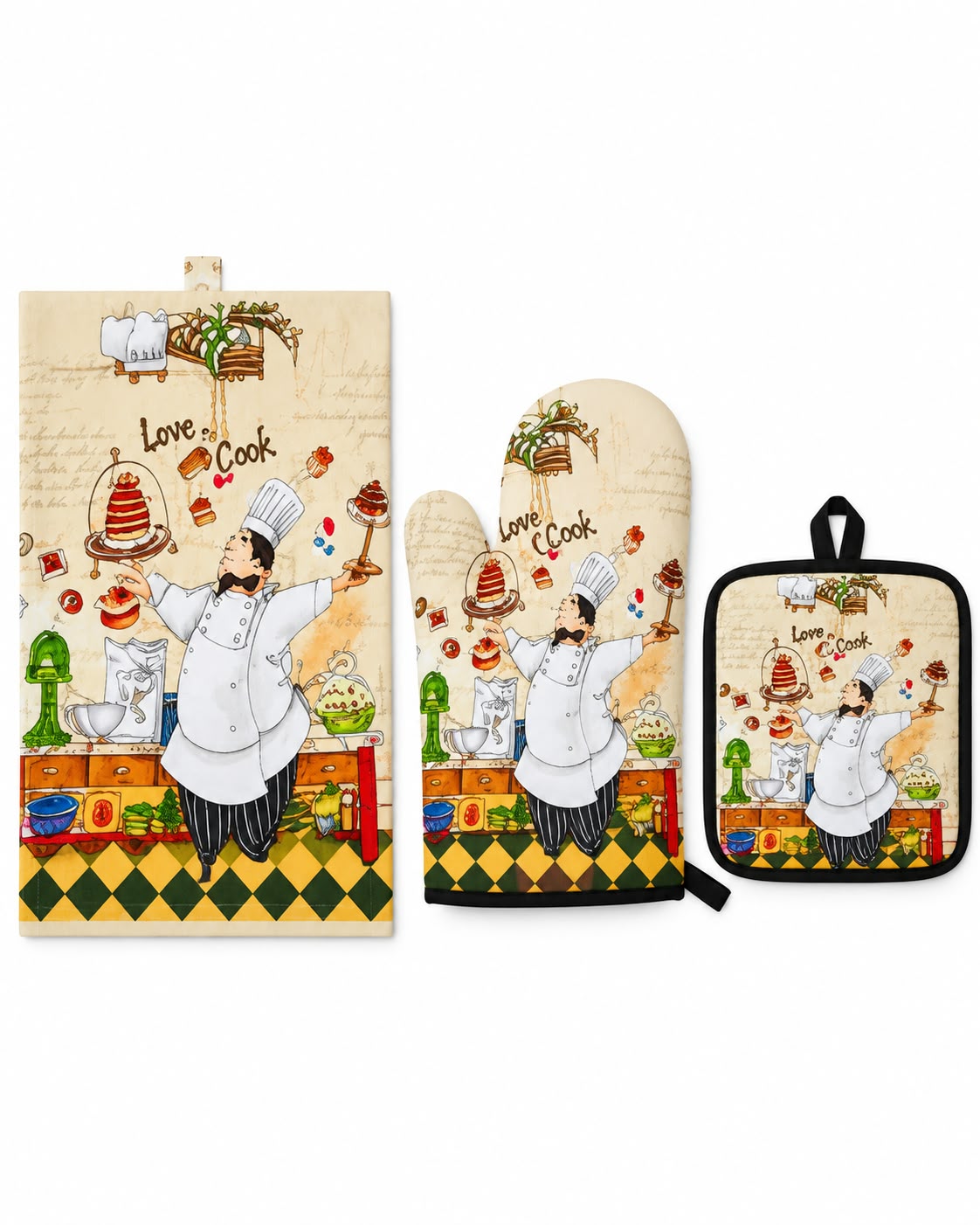 Matching kitchen towel oven mitt and pot holder in chef design