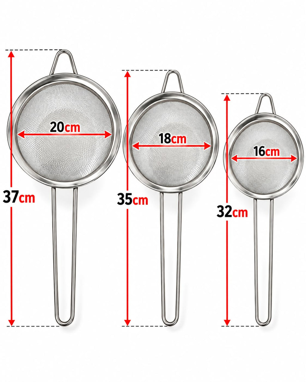 3-piece mesh strainer set sizes 16 18 and 20 cm