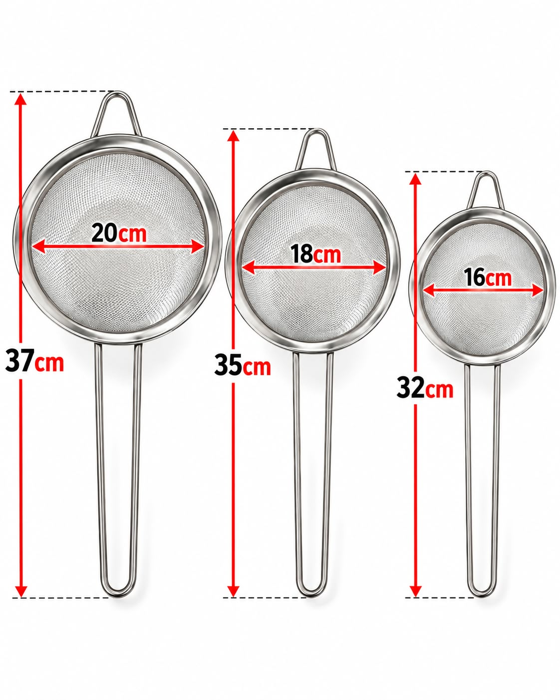 3-piece mesh strainer set sizes 16 18 and 20 cm