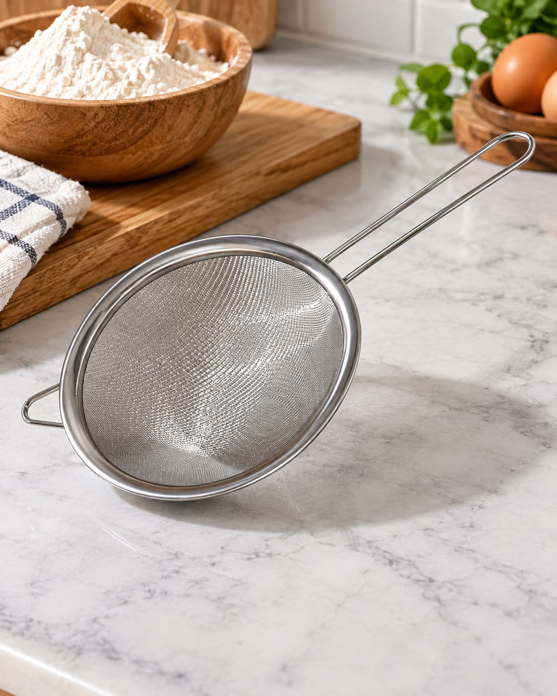 3-piece stainless steel mesh strainer set in kitchen