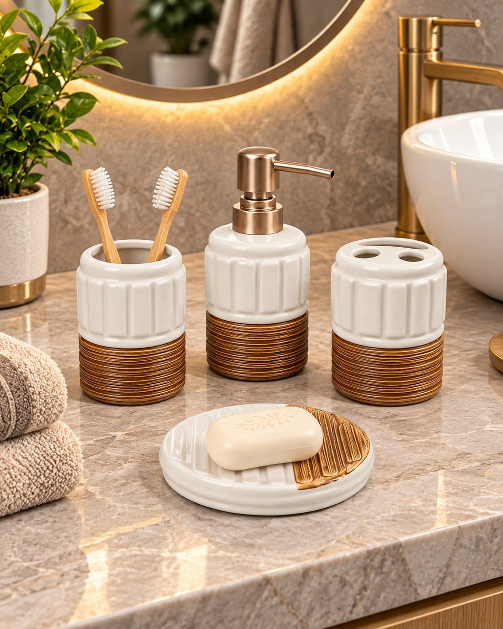Four-piece bathroom accessory set with round soap dish