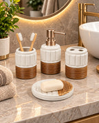 Four-piece bathroom accessory set with round soap dish
