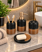 Four-piece bathroom accessory set with round soap dish