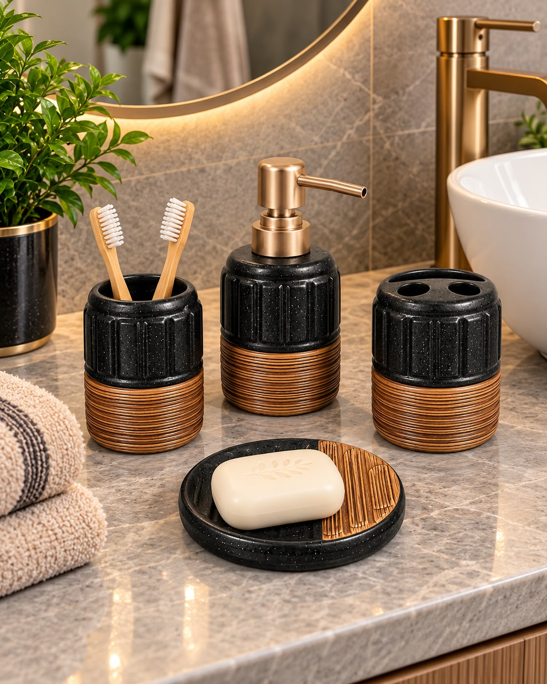 Four-piece bathroom accessory set with round soap dish