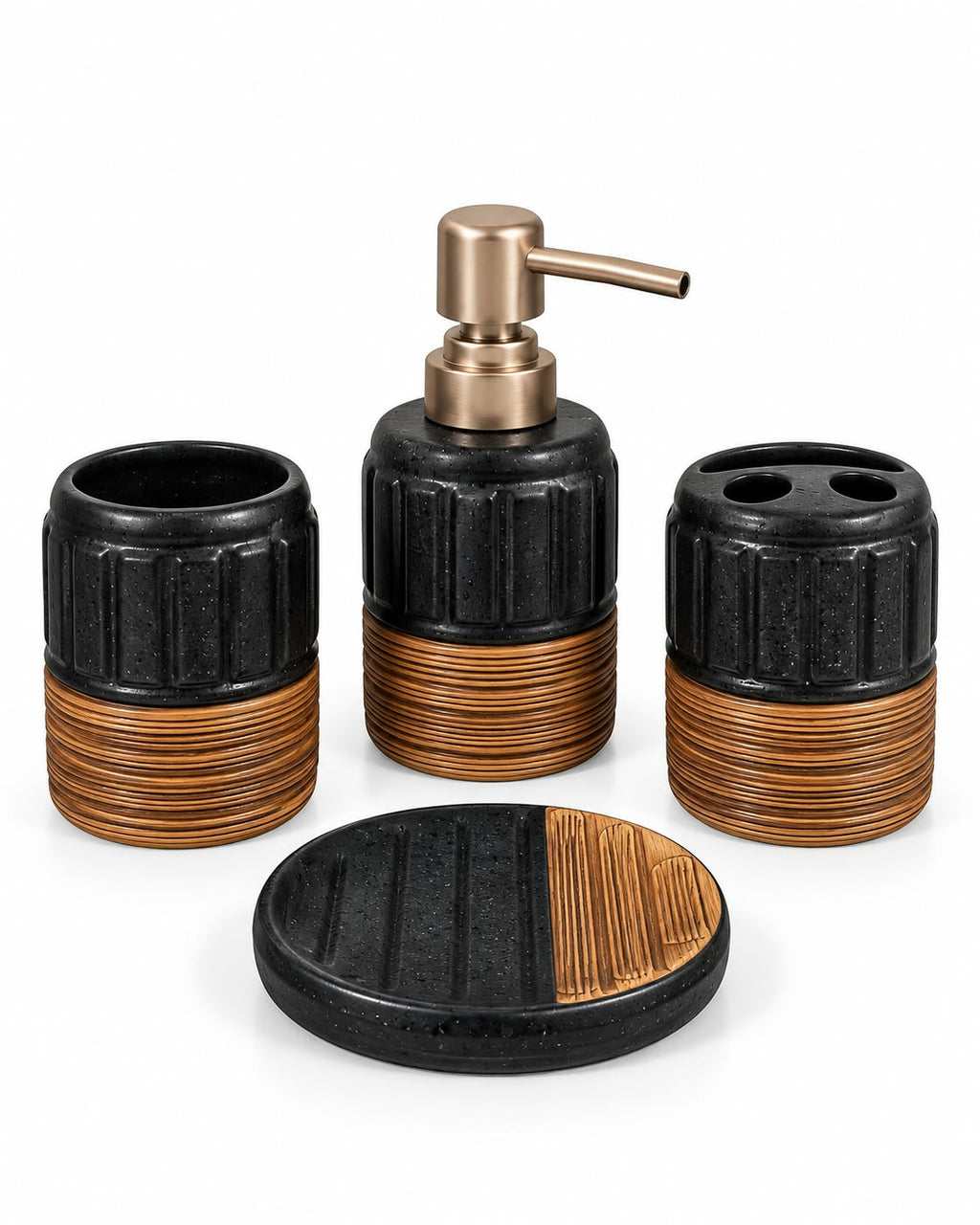 Four-piece bathroom accessory set with round soap dish
