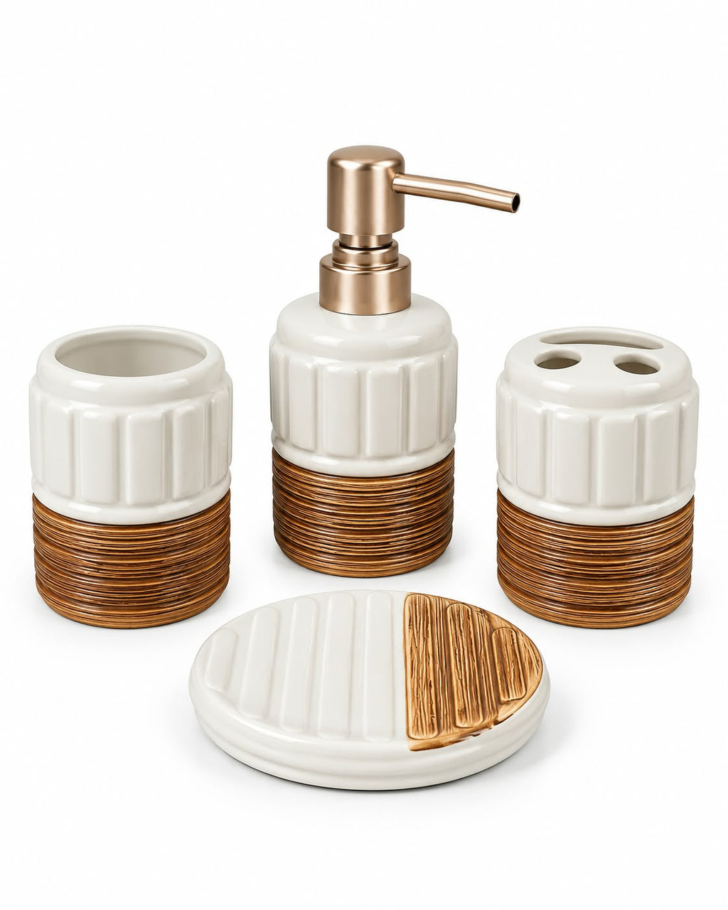 Four-piece bathroom accessory set with round soap dish