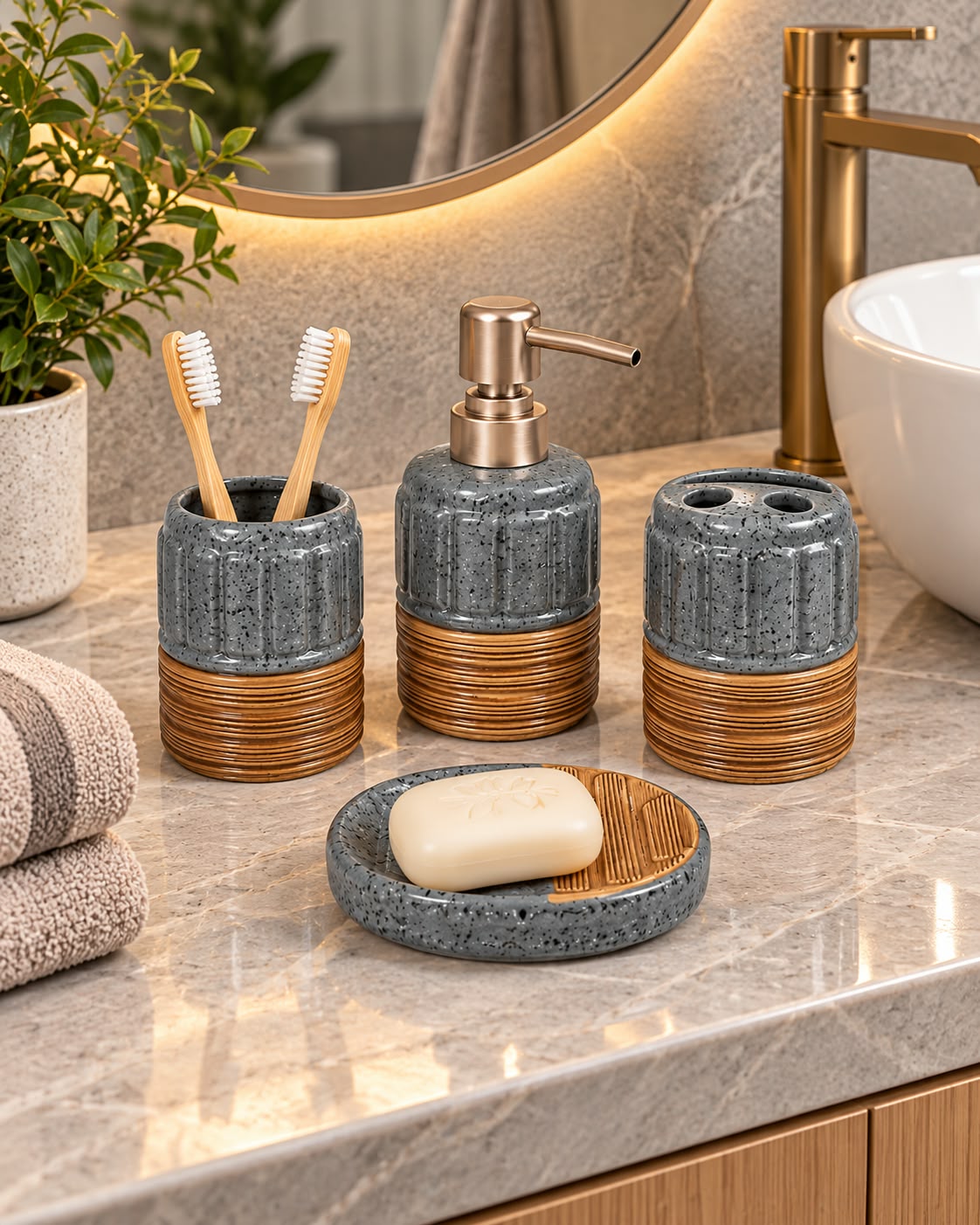 Four-piece bathroom accessory set with round soap dish
