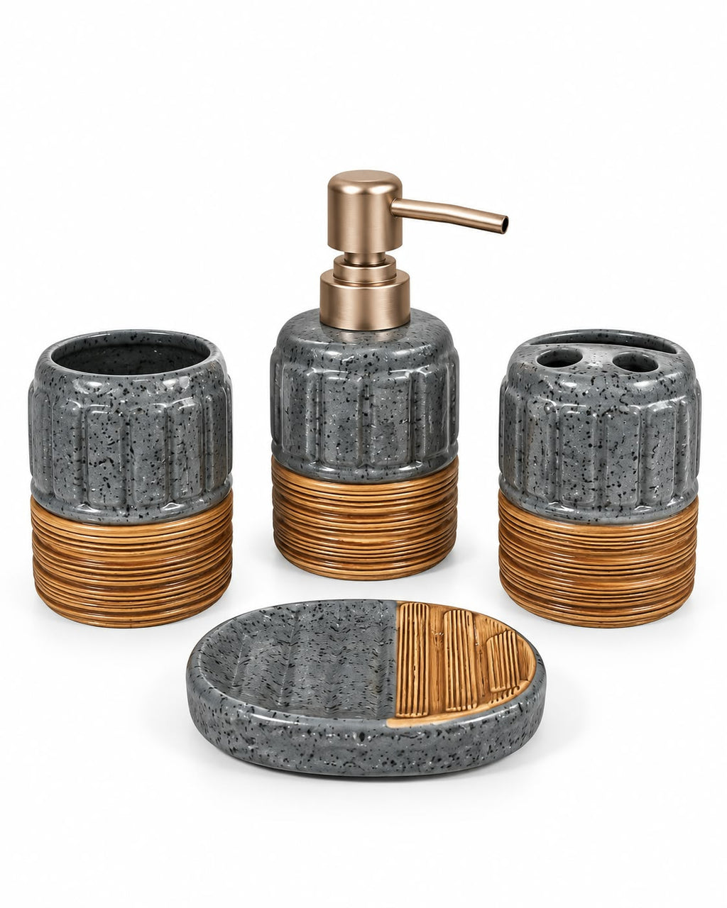 Four-piece bathroom accessory set with round soap dish