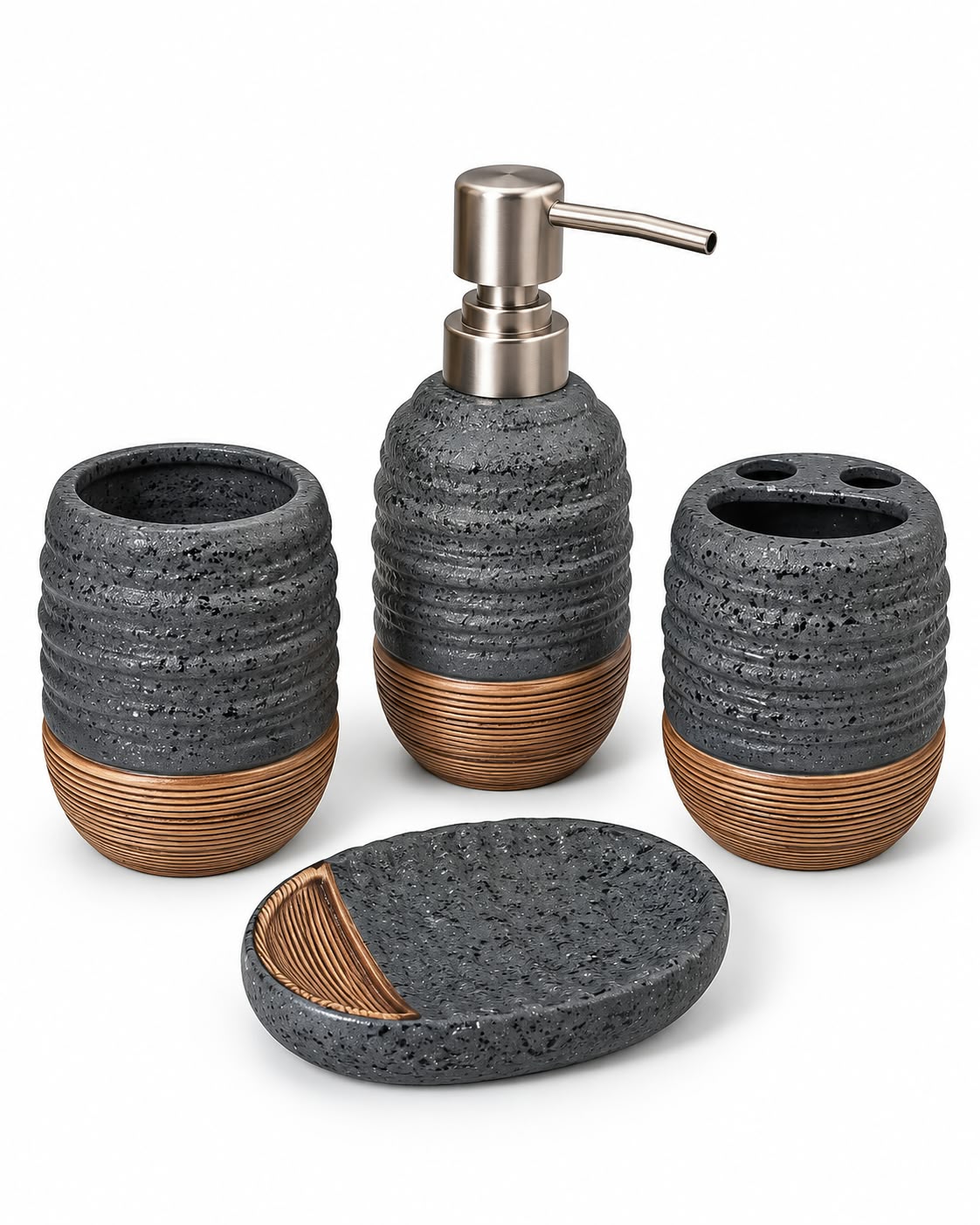 4-Piece Ribbed Gray Speckled Bathroom Accessory Set with Oval Soap Dish