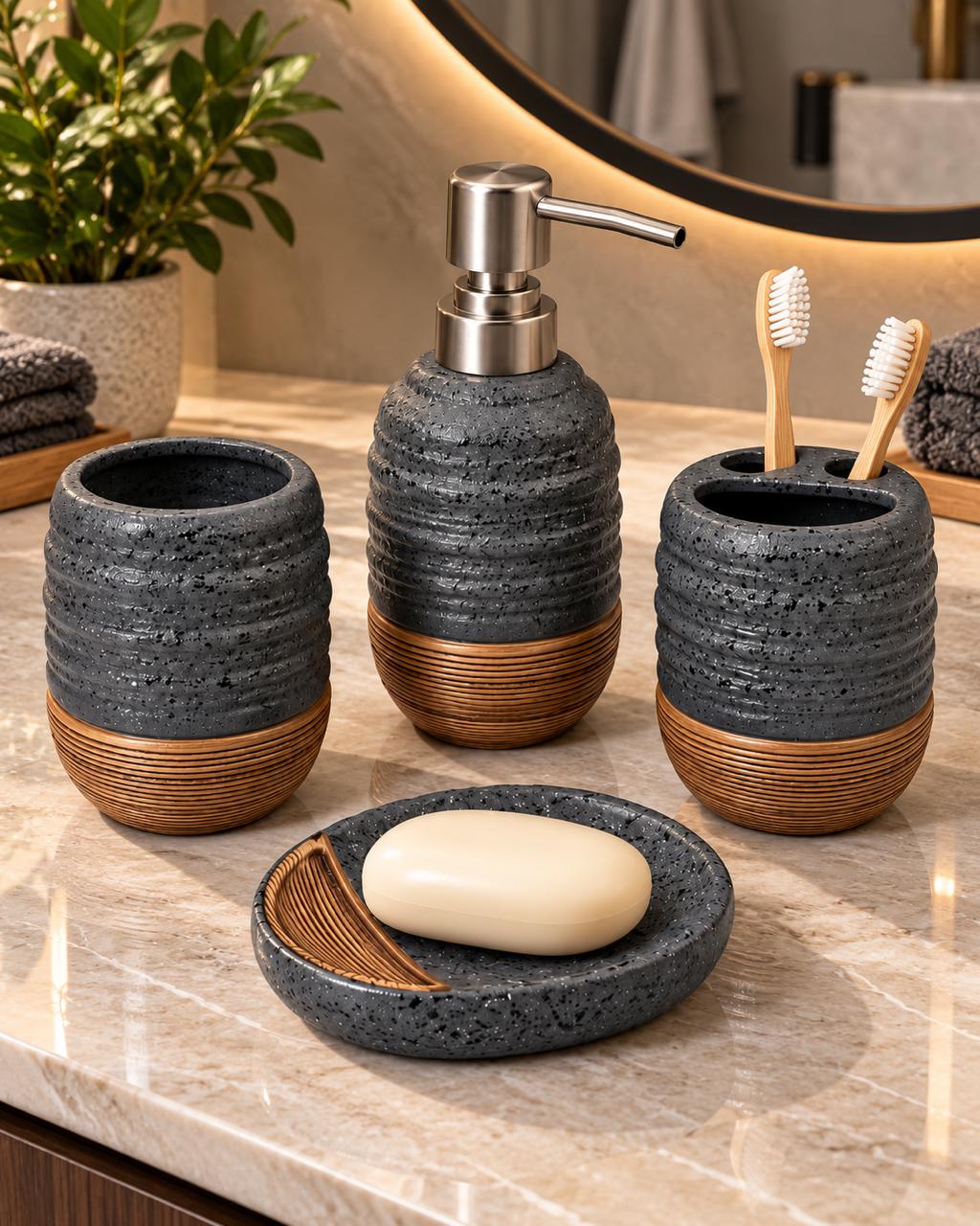 4-Piece Ribbed Gray Speckled Bathroom Accessory Set with Oval Soap Dish