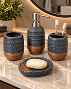 4-Piece Ribbed Gray Speckled Bathroom Accessory Set with Oval Soap Dish