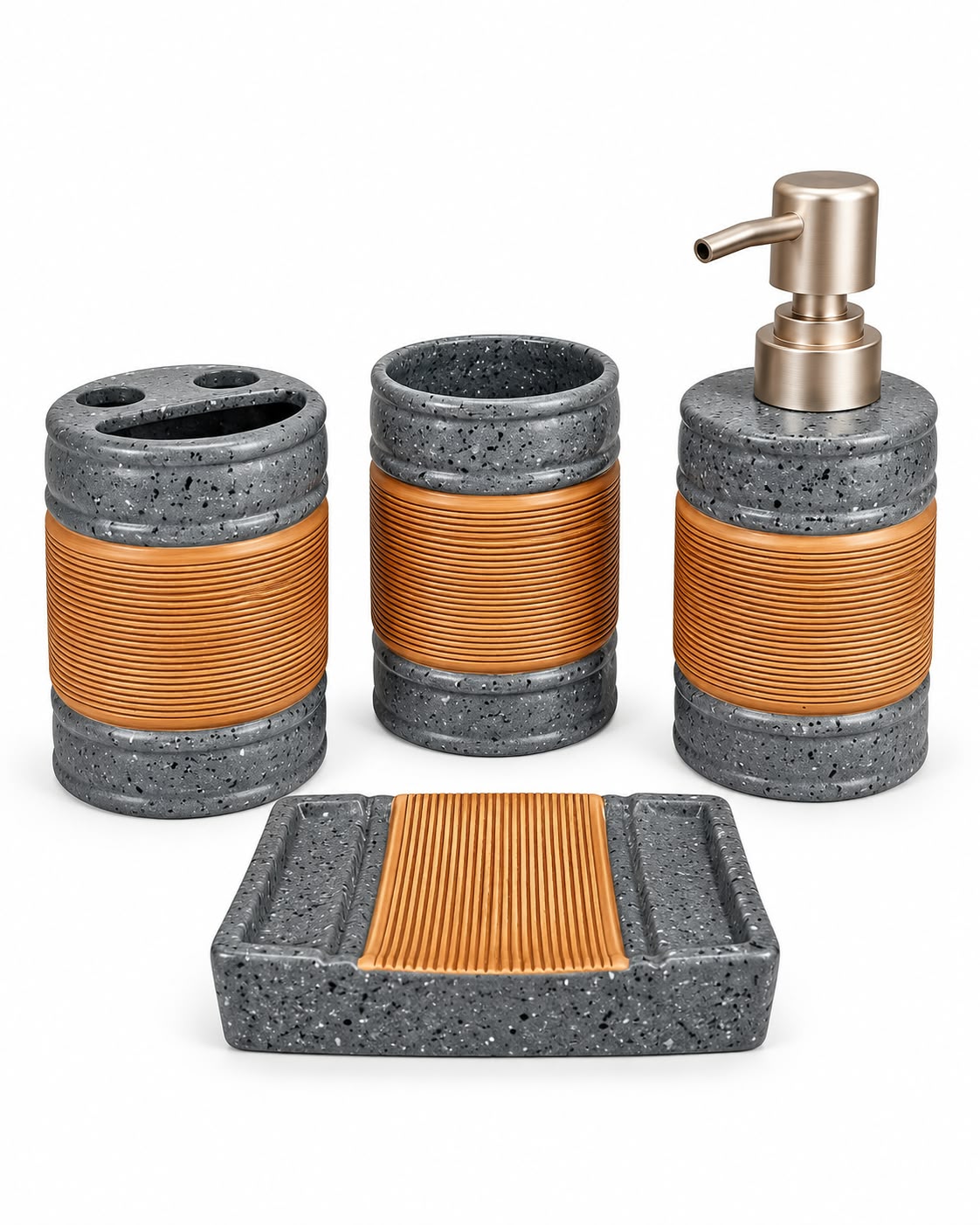 Four piece speckled bathroom set with copper accents