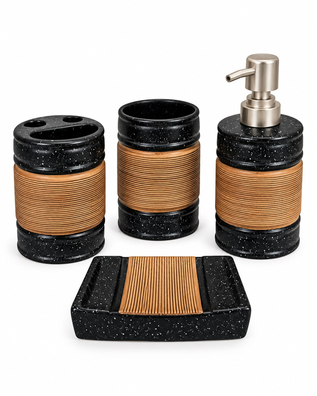 Four piece speckled bathroom set with copper accents