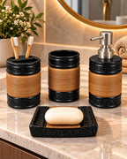 Four piece speckled bathroom set with copper accents