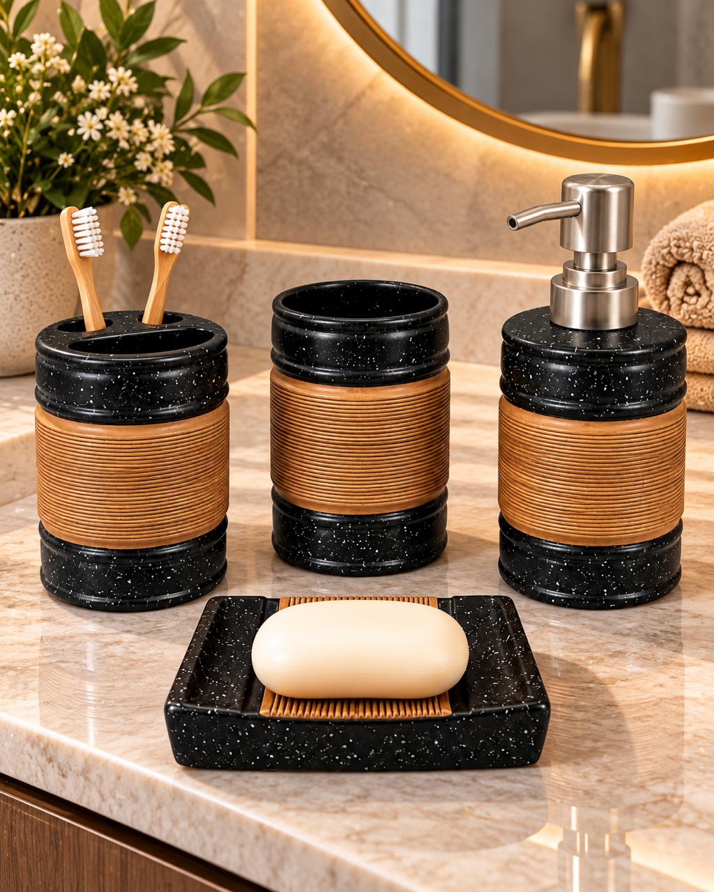 Four piece speckled bathroom set with copper accents