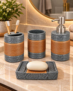 Four piece speckled bathroom set with copper accents