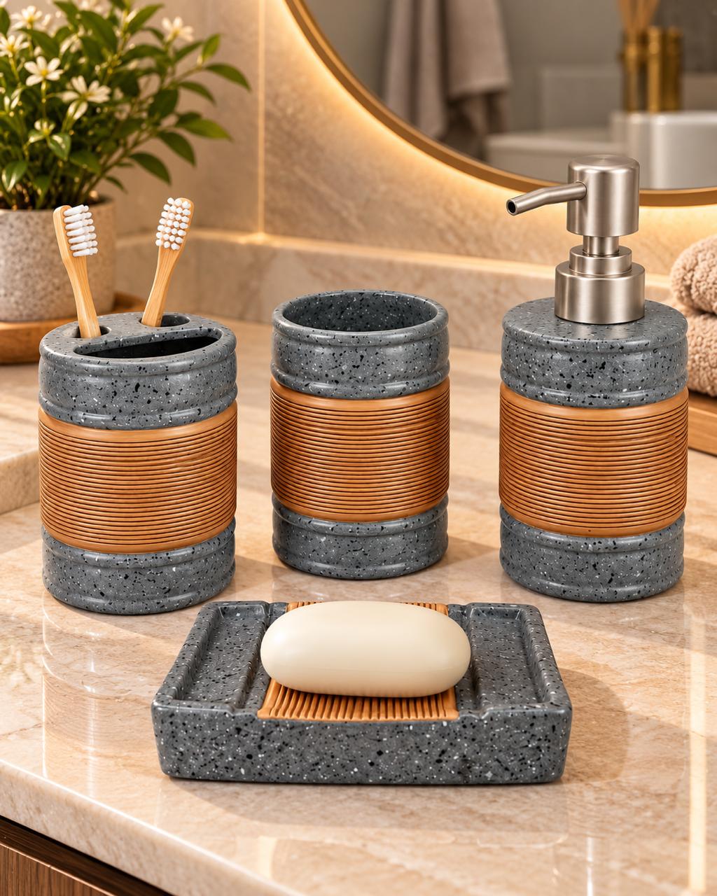 Four piece speckled bathroom set with copper accents