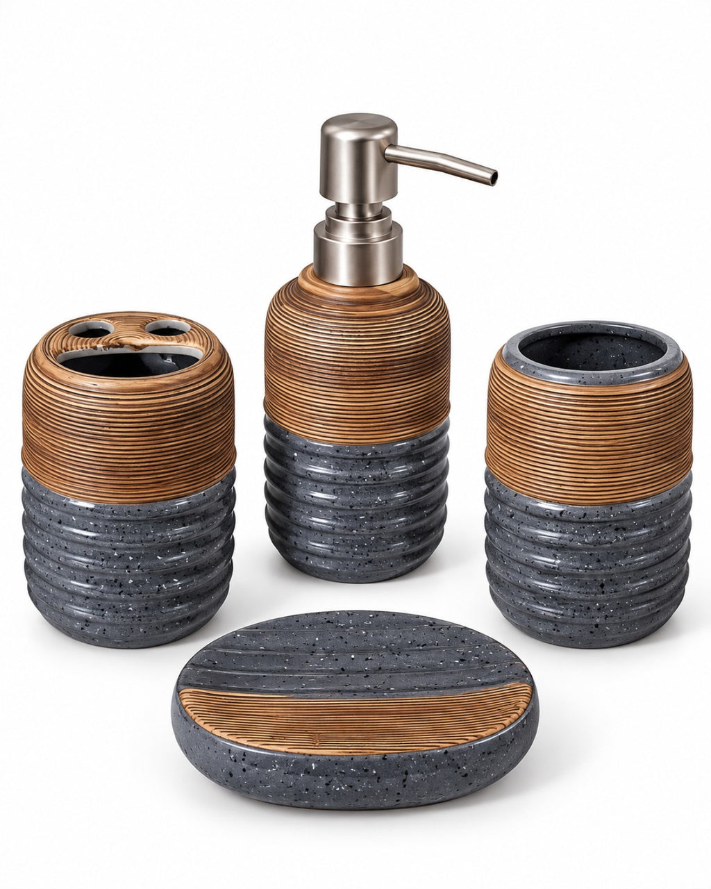 Ribbed speckled bathroom accessory set with oval soap dish