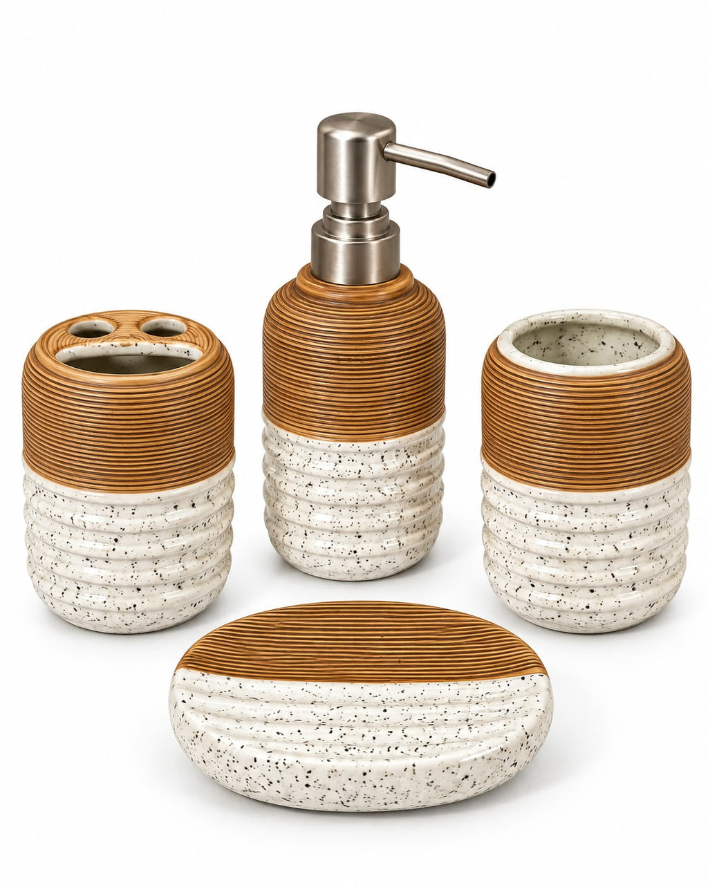Ribbed speckled bathroom accessory set with oval soap dish