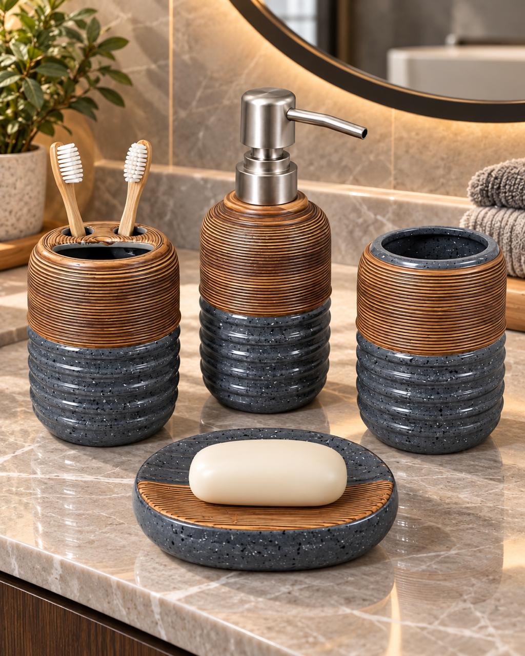 Ribbed speckled bathroom accessory set with oval soap dish