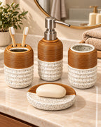 Ribbed speckled bathroom accessory set with oval soap dish