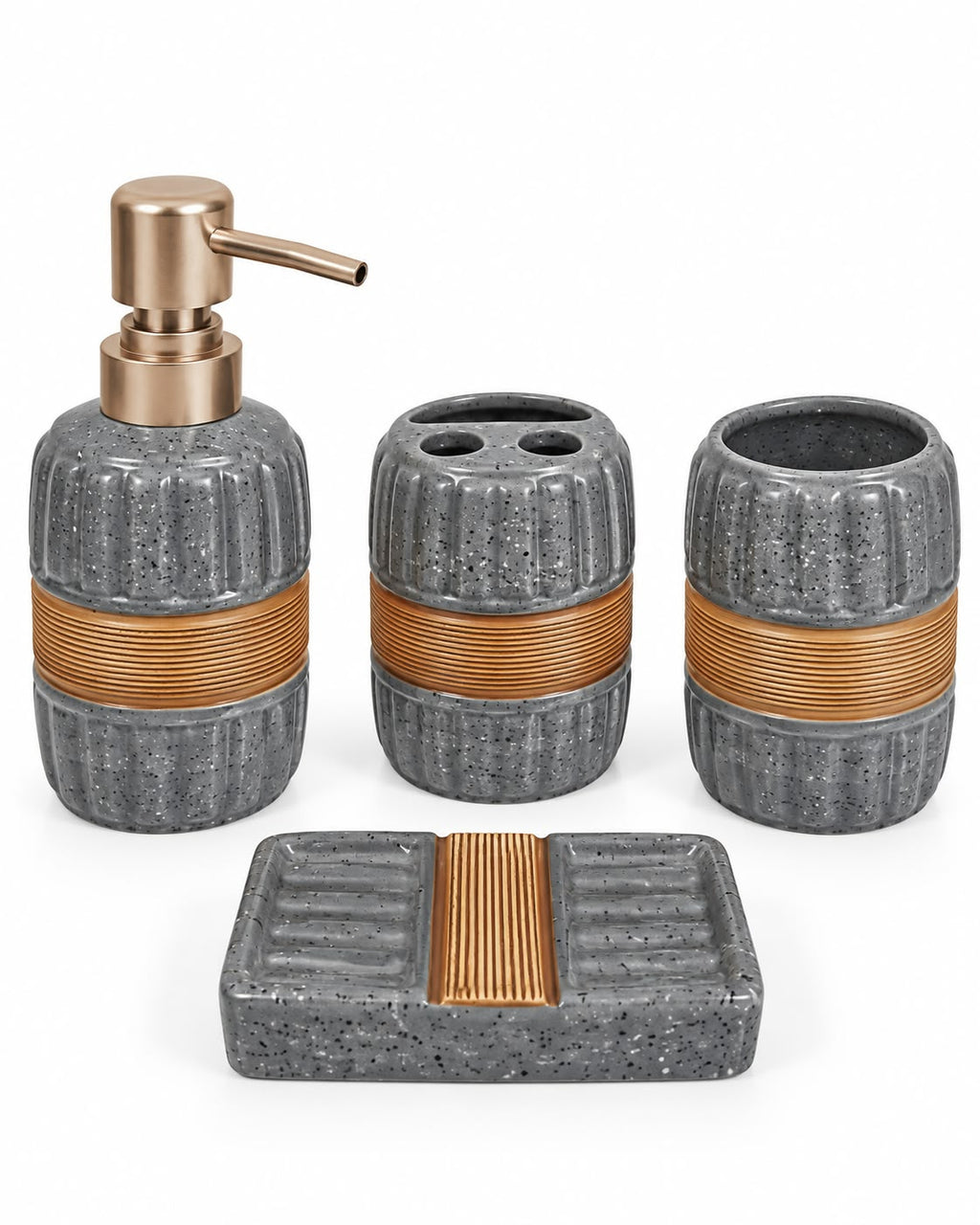 Speckled four piece gold-accent bathroom set