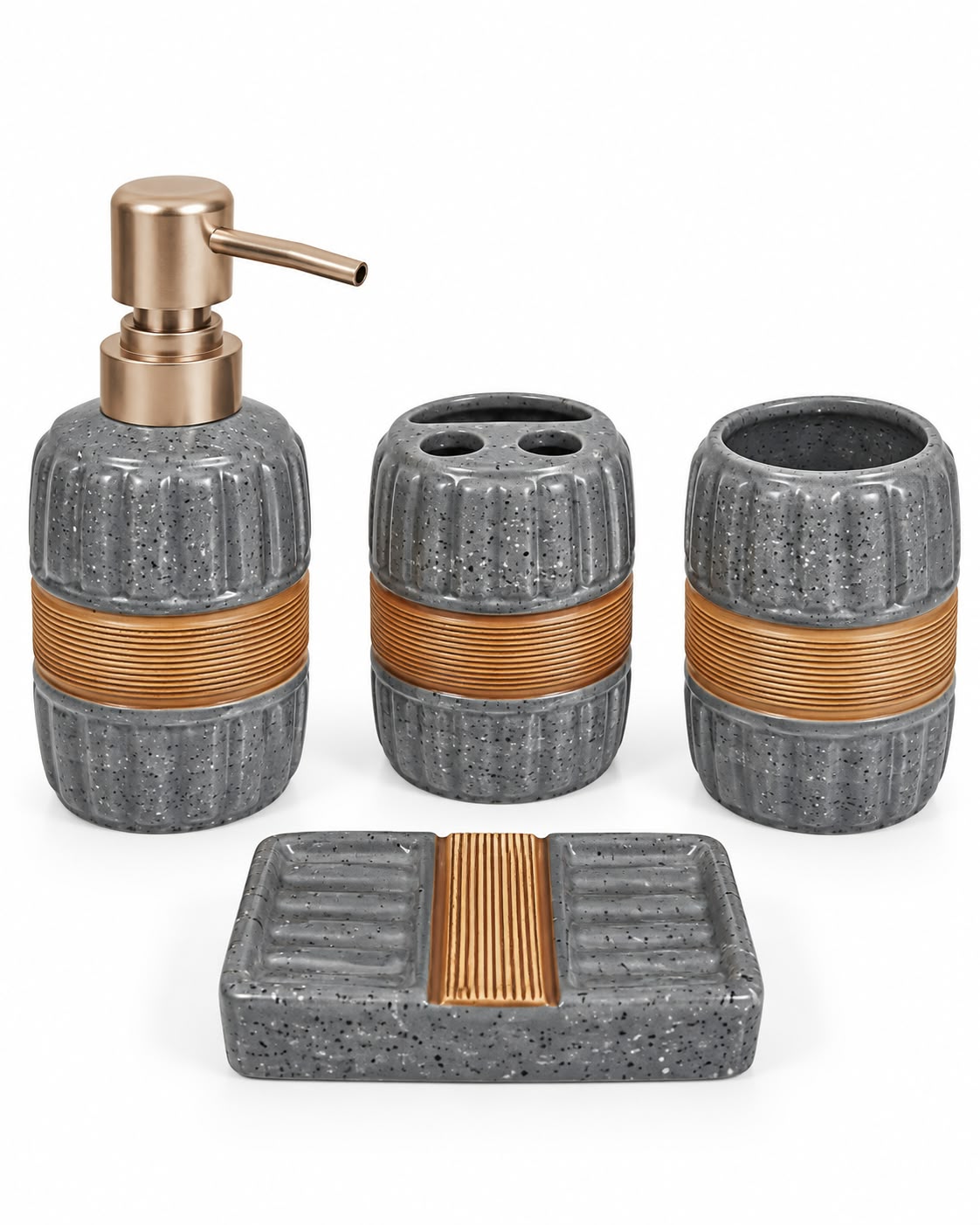 Speckled four piece gold-accent bathroom set