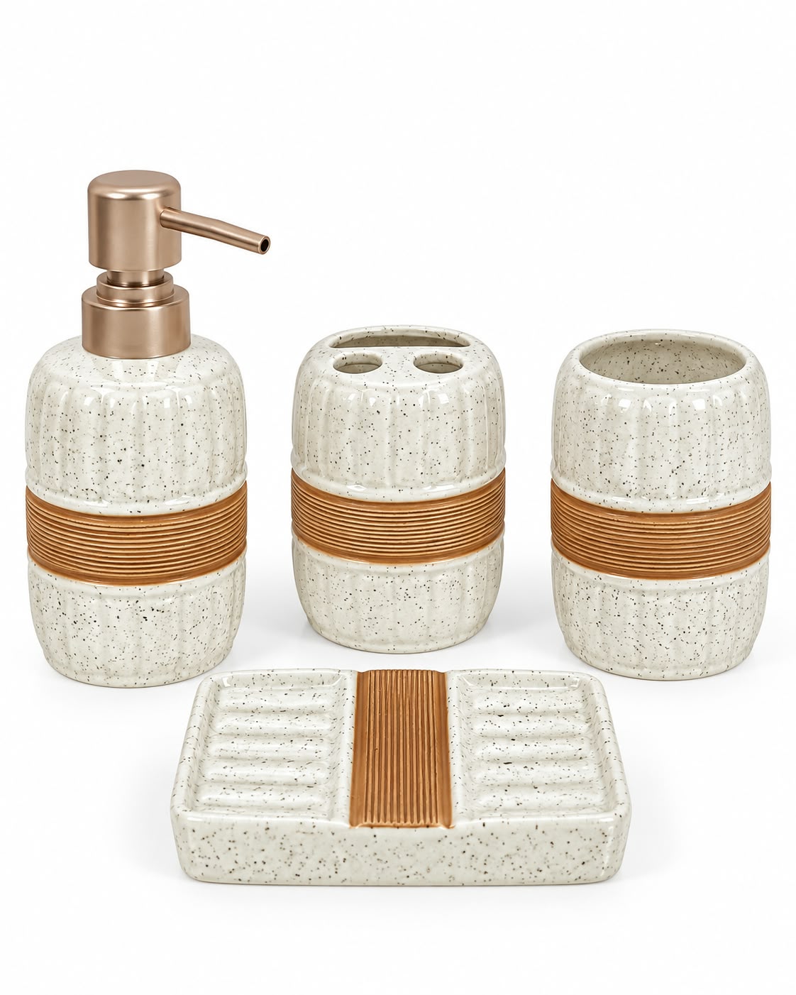Speckled four piece gold-accent bathroom set