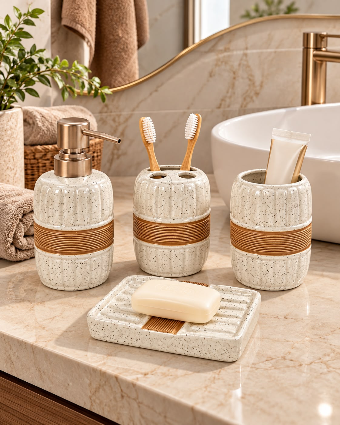 Speckled four piece gold-accent bathroom set