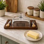Bamboo Butter Dish with Clear Lid & 2 Serving Utensils