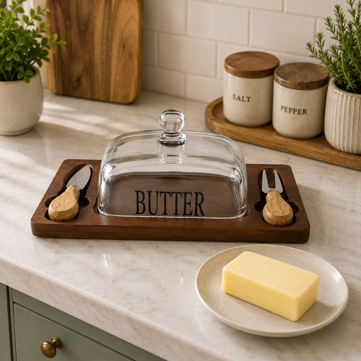 Bamboo Butter Dish with Clear Lid & 2 Serving Utensils