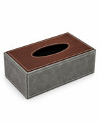 Leather tissue box cover with brown wood-look lid product view