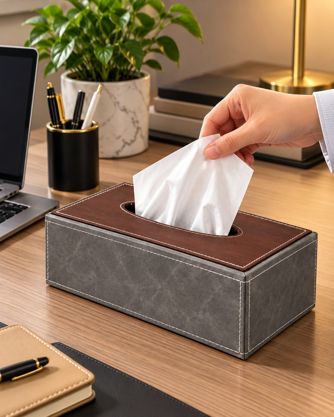 Leather tissue box cover with brown wood-look lid in office setting