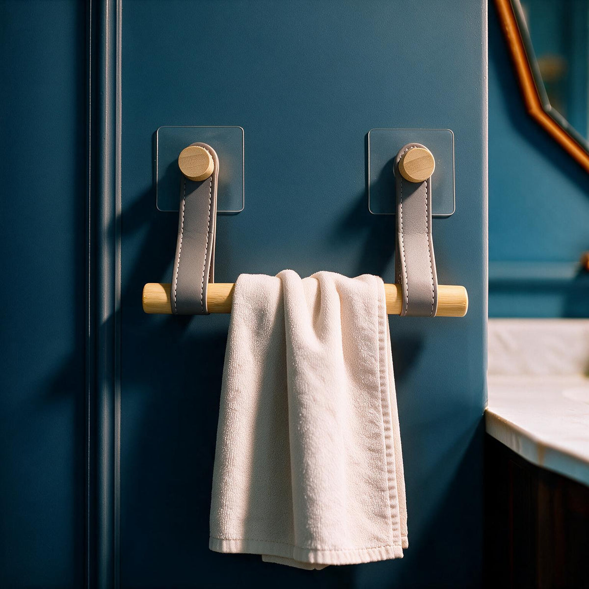 No-Drill Bamboo Towel Holder with Leather Straps