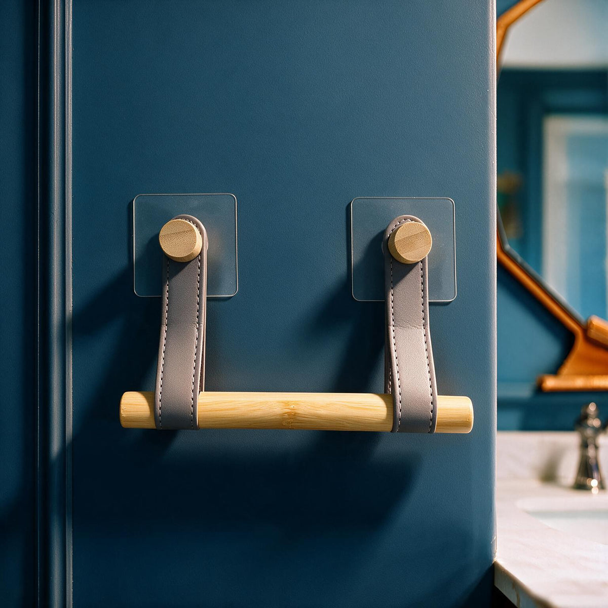 No-Drill Bamboo Towel Holder with Leather Straps