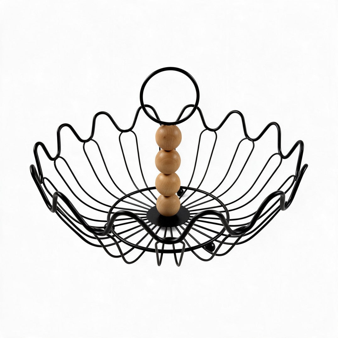 Wavy Metal Wire Fruit Basket with Wooden Beads