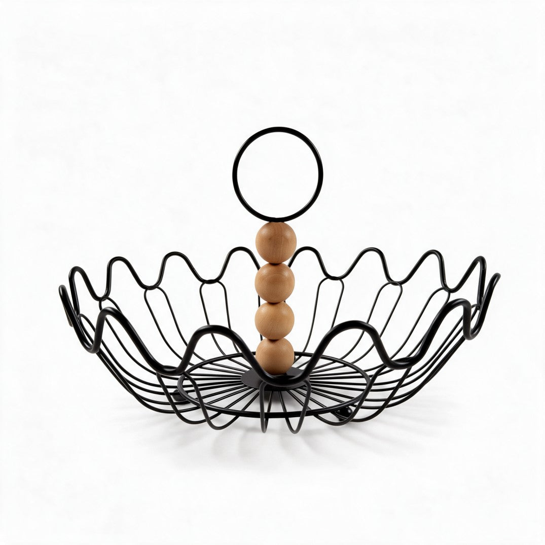 Wavy Metal Wire Fruit Basket with Wooden Beads