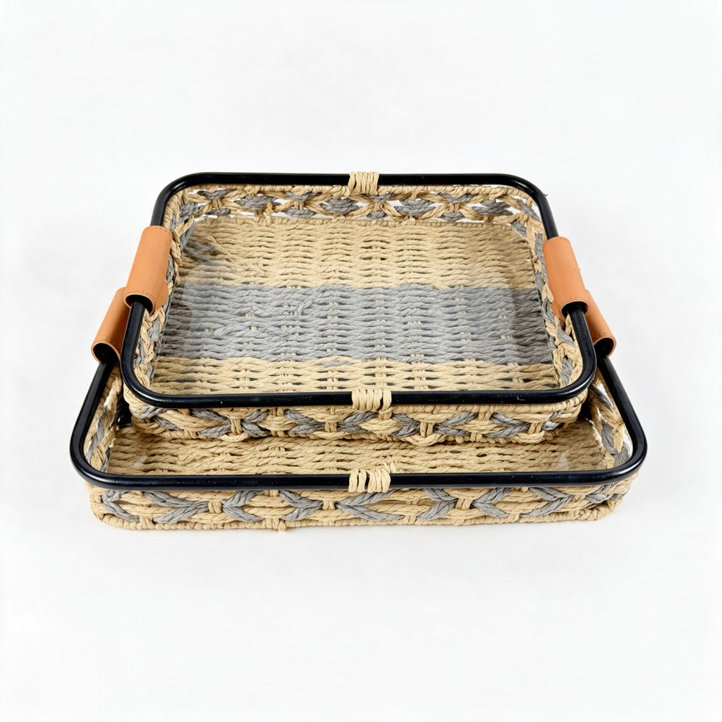 2-Piece Natural Rectangular Woven Storage Basket Set-Gray