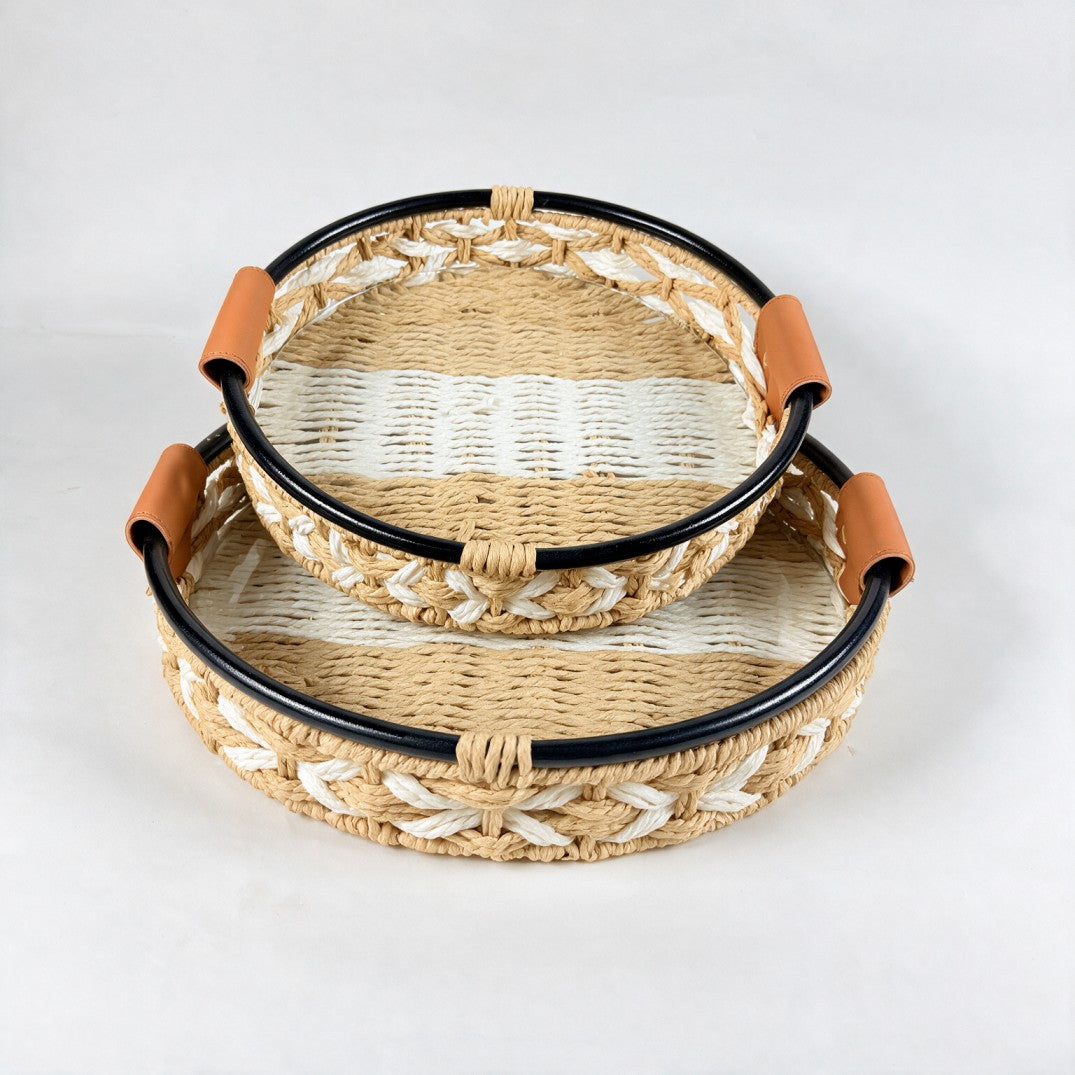 2-Piece Natural Round Woven Storage Basket Set-White