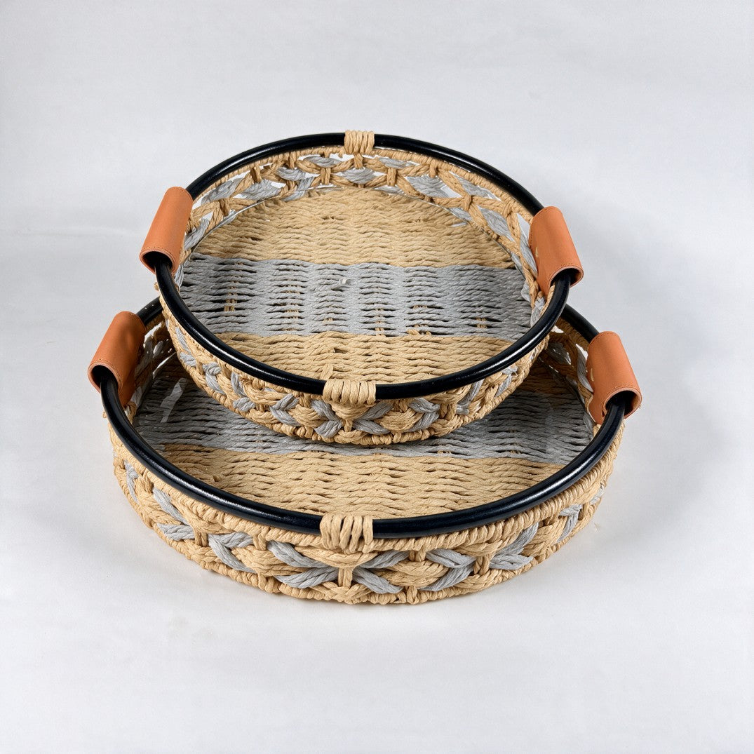 2-Piece Natural Round Woven Storage Basket Set-Gray