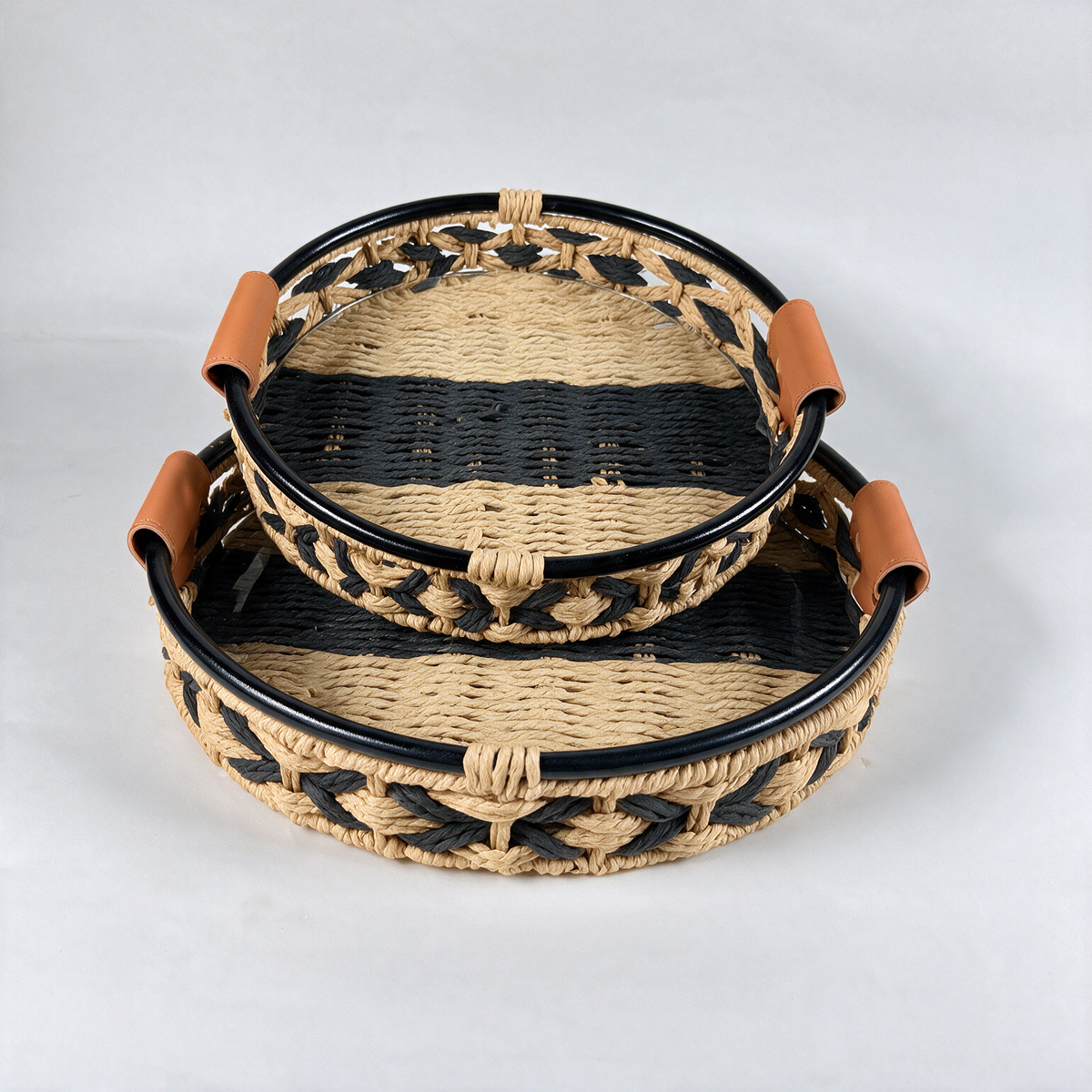 2-Piece Natural Round Woven Storage Basket Set-Black