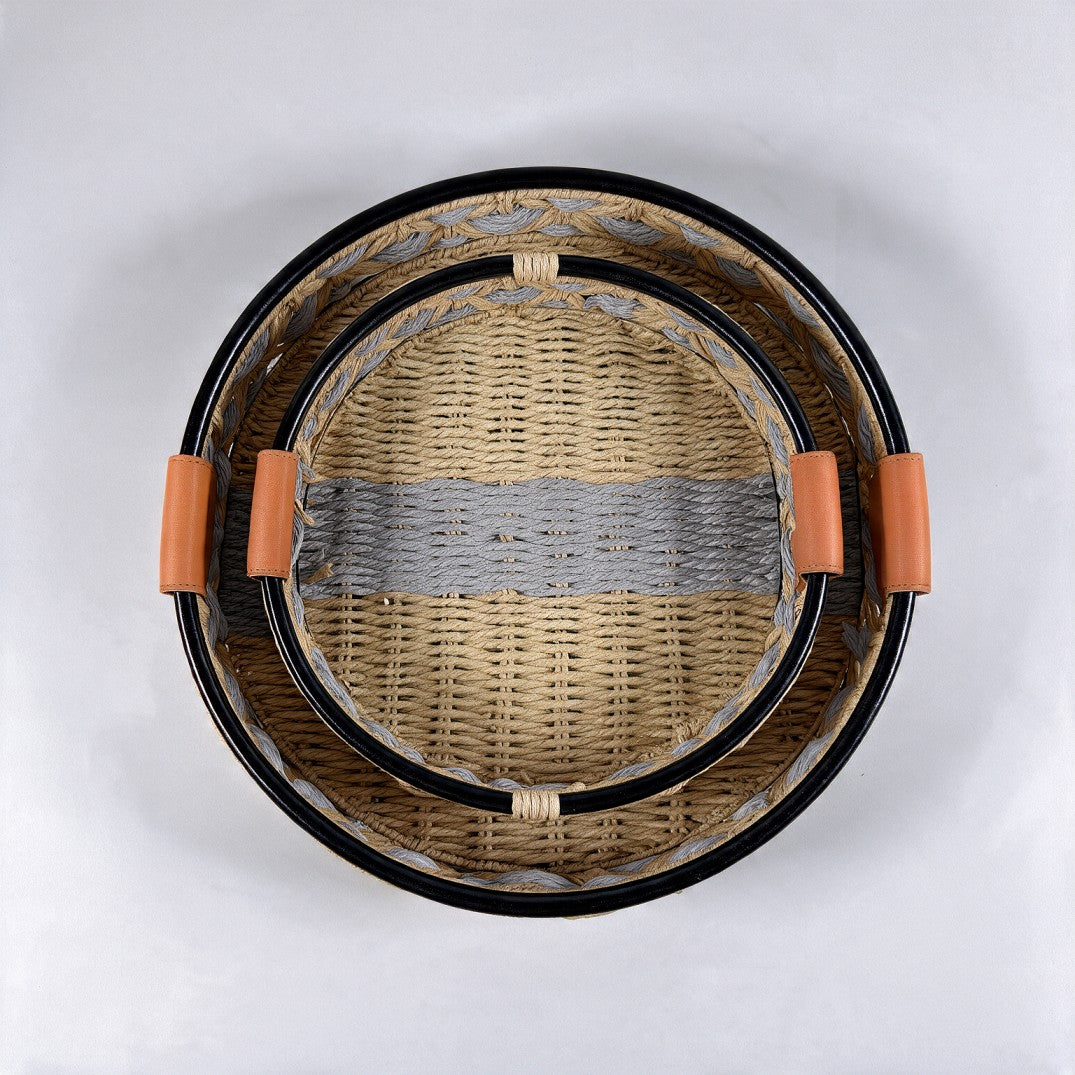 2-Piece Natural Round Woven Storage Basket Set-Gray