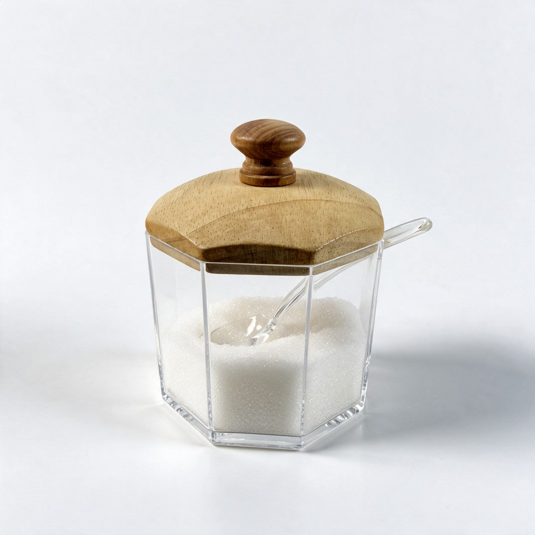 Plexi Sugar Jar with Wooden Lid & Spoon-Hexagonal
