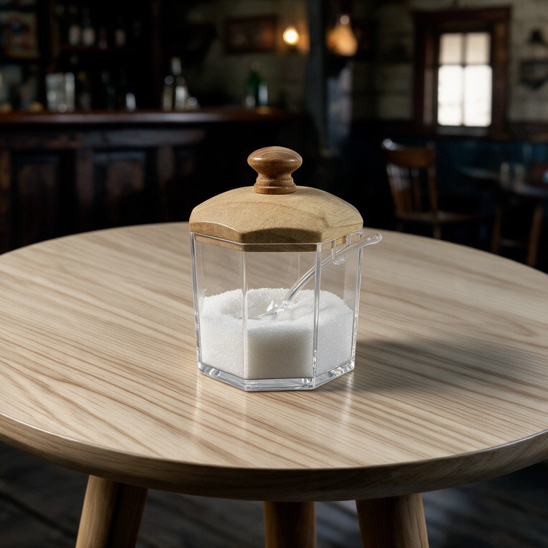 Plexi Sugar Jar with Wooden Lid & Spoon-Hexagonal