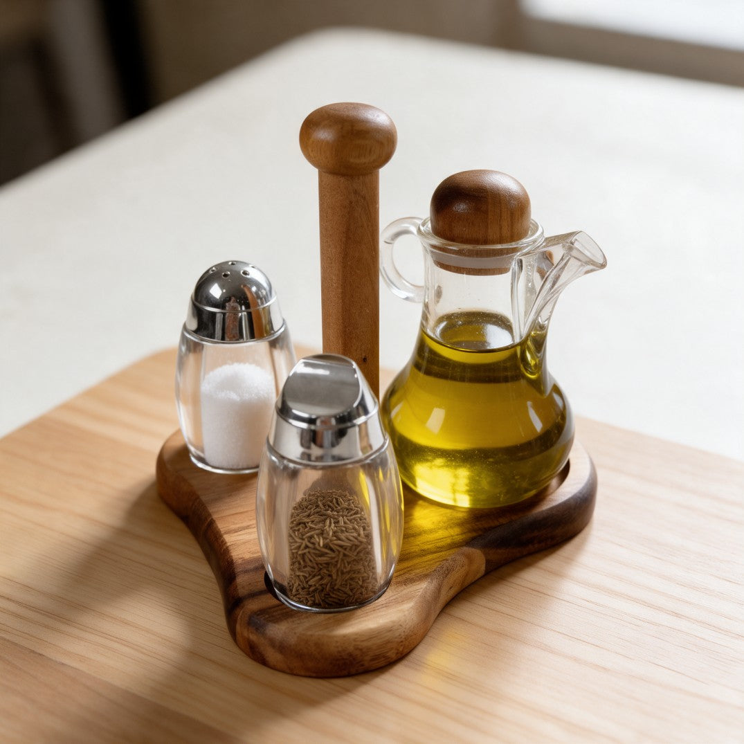 3-Piece Oil & Spice Condiment Set with Wooden Stand
