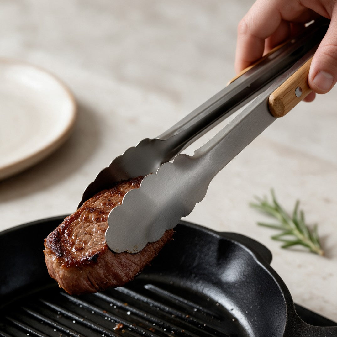 Stainless Steel Kitchen Tongs with Wooden Grip