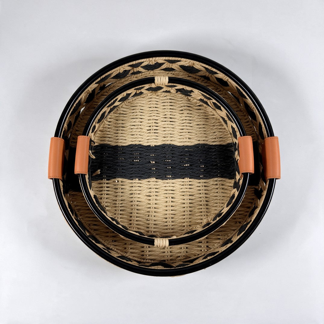2-Piece Natural Round Woven Storage Basket Set-Black